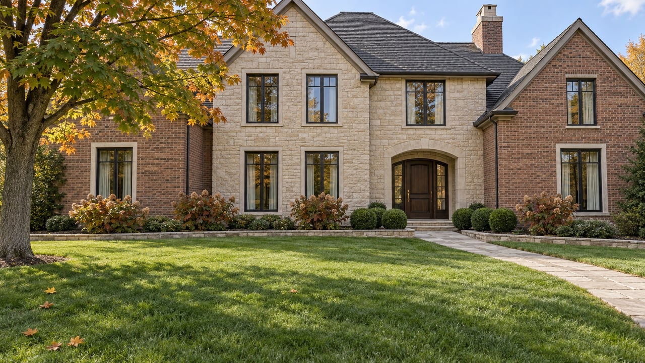 A brick and limestone home beyond a broad green lawn, with amber maple foliage, dark gabled roofs and a curved stone entry walk.