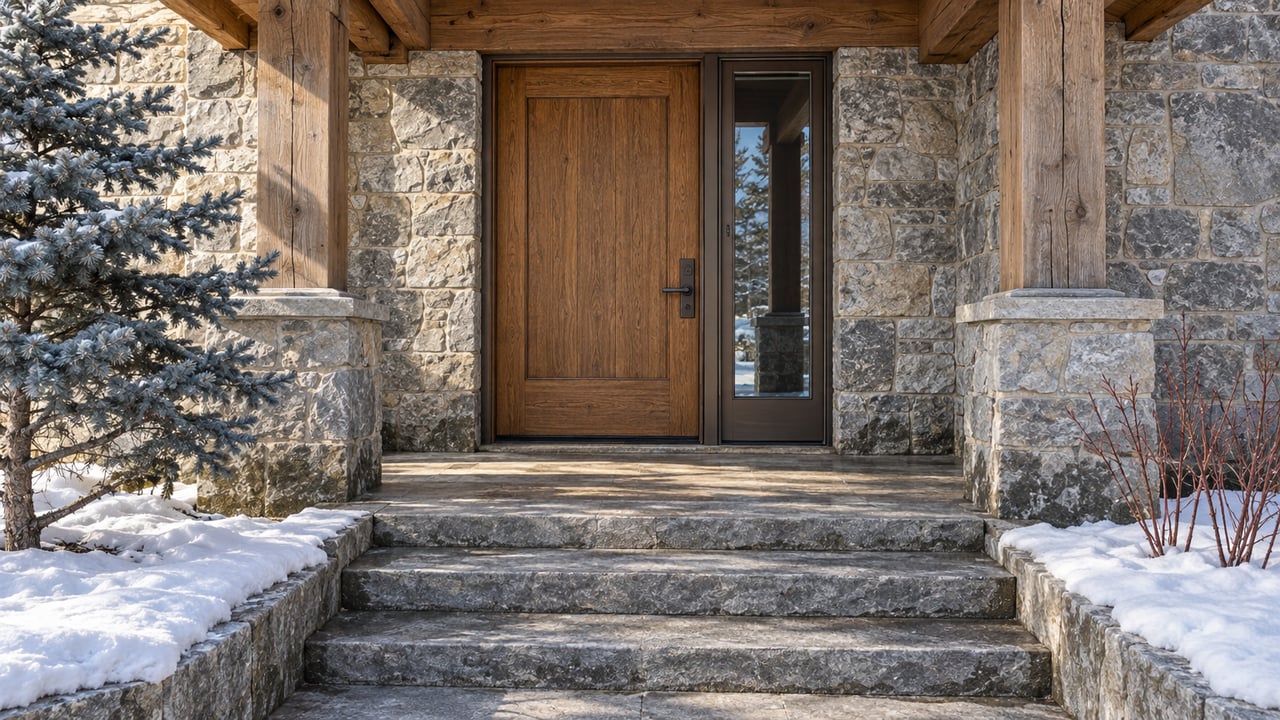 A sheltered oak entry with bronze-framed glass, weathered timber beams and gray limestone steps bordered by settled snow.