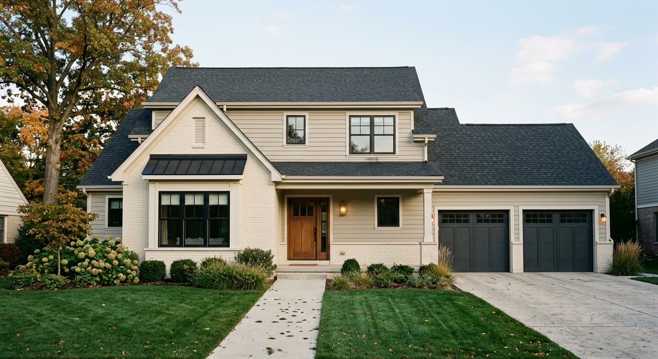 Warm ivory and greige suburban house with a forward-set garage, front walk, and landscaped lawn.