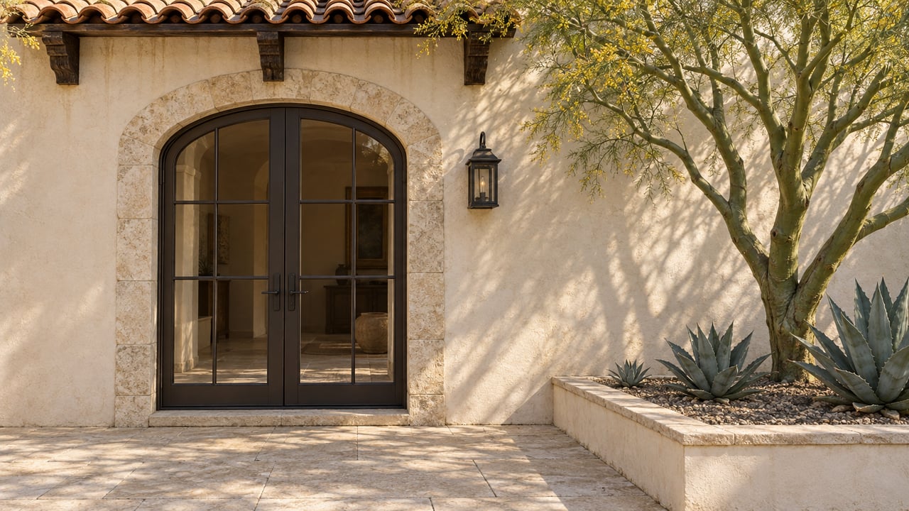 Morning light on an arched bronze-framed French door, cream stucco, limestone terrace and a green-trunked tree beside three agaves.