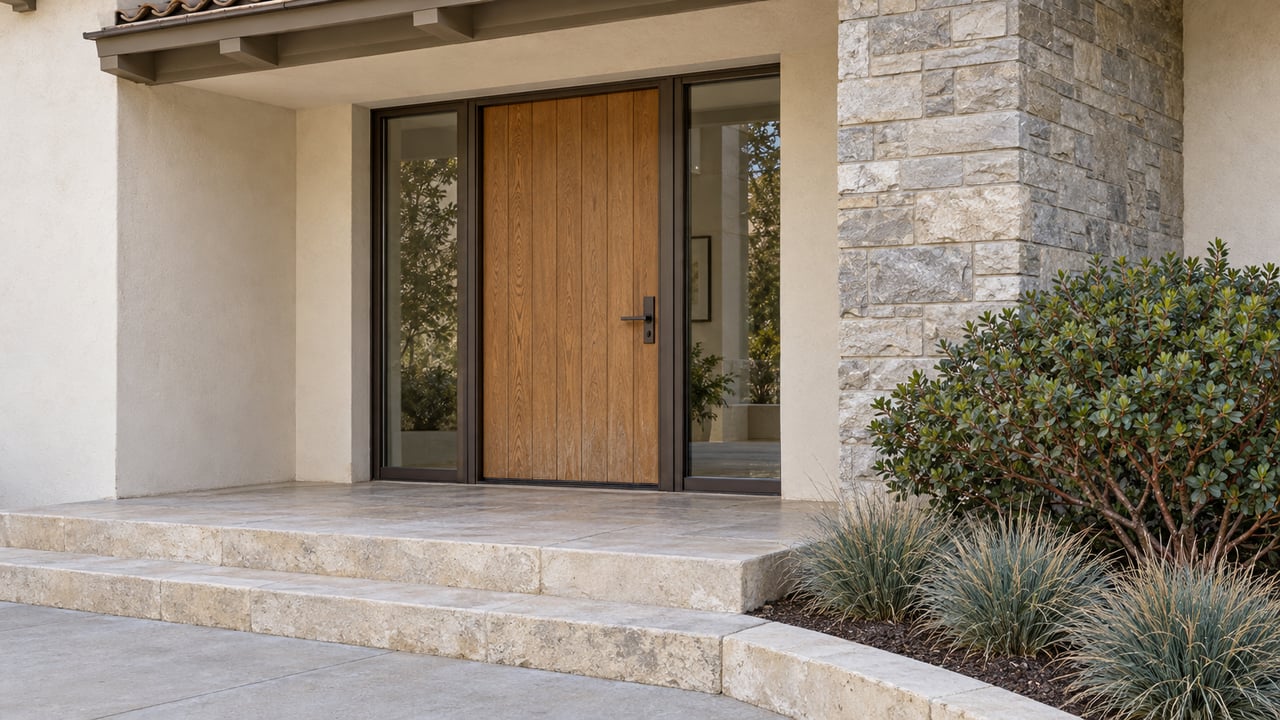 Recessed oak entry with paired glazed sidelights, pale stucco, stone masonry and a planted bed beside broad stone steps.