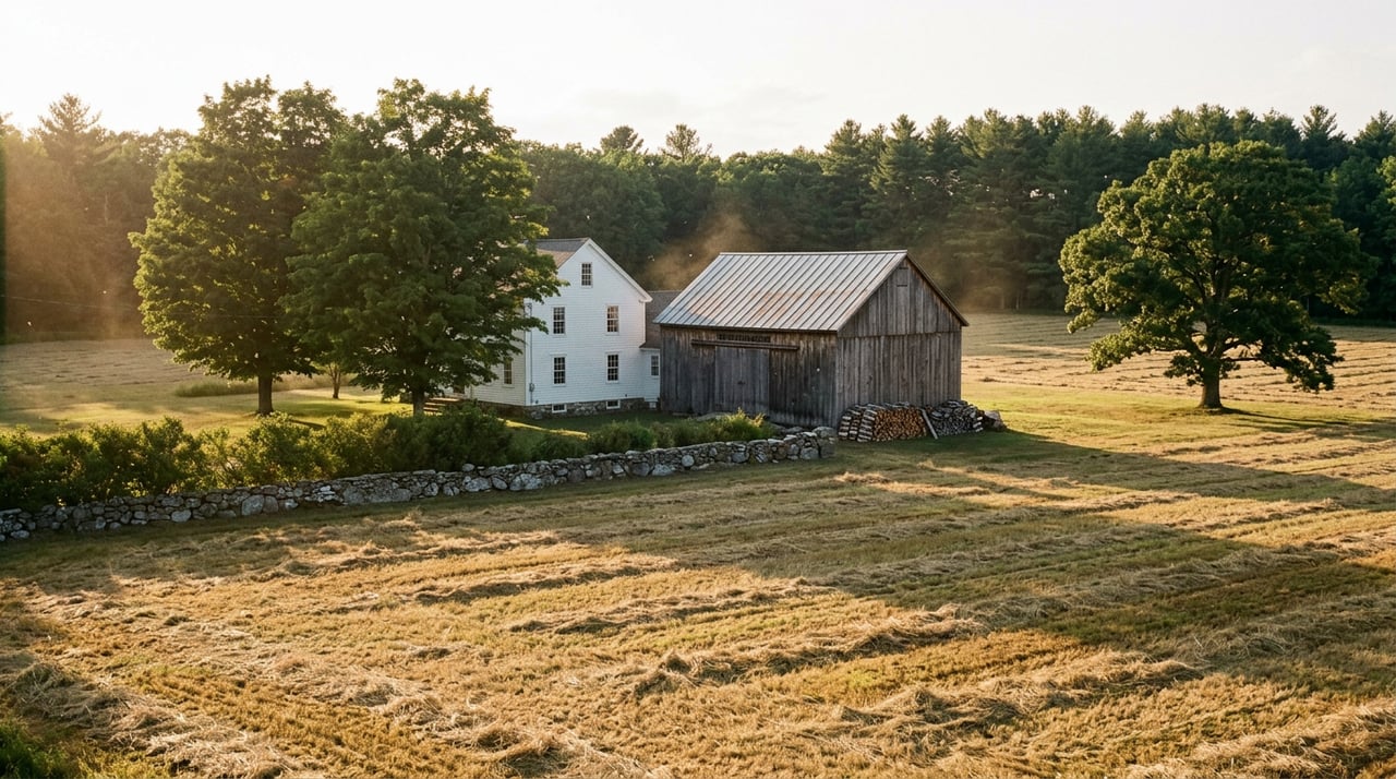 White farmhouse and weathered barn beyond a broad hayfield, with tractor rows and a fieldstone wall in low golden sunlight.