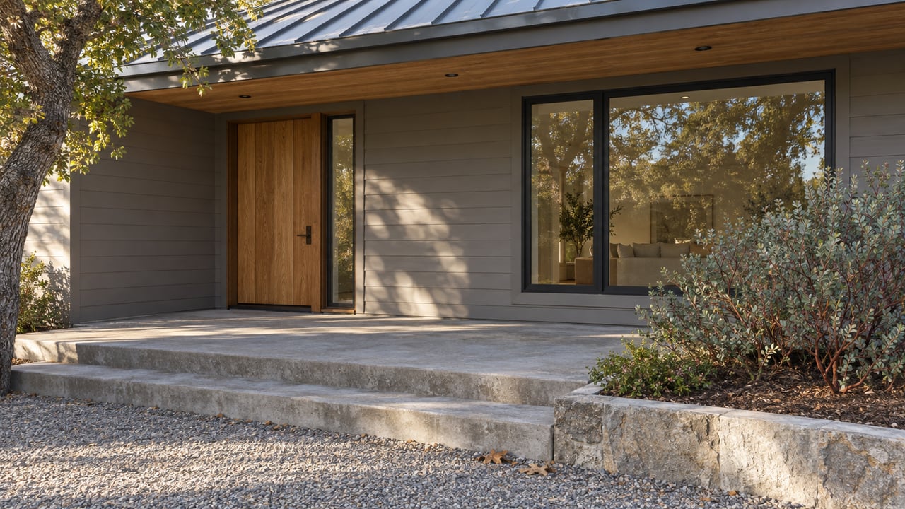 Covered entry of a low-slung home with warm gray siding, an oak door, concrete steps, and sculptural native planting.