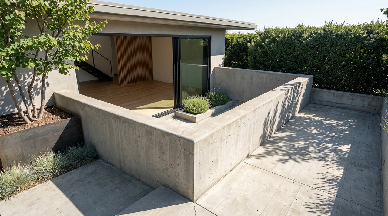 Concrete roof terrace with a Cercis tree and clipped hedge overlooking an open slider and oak-floored great room.