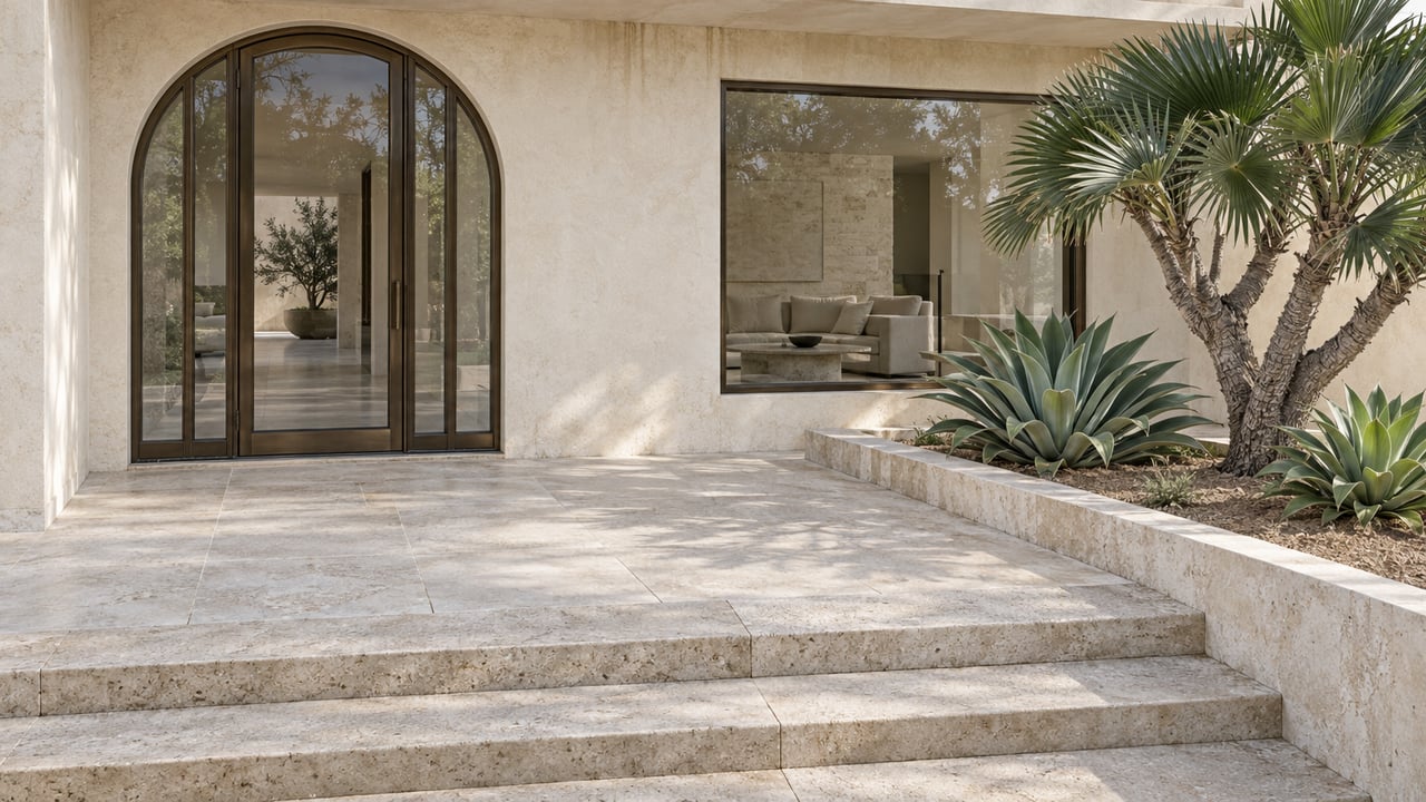 Pale stucco home with a glazed arched entry, limestone entrance steps, and sculptural succulents in a raised stone planter.