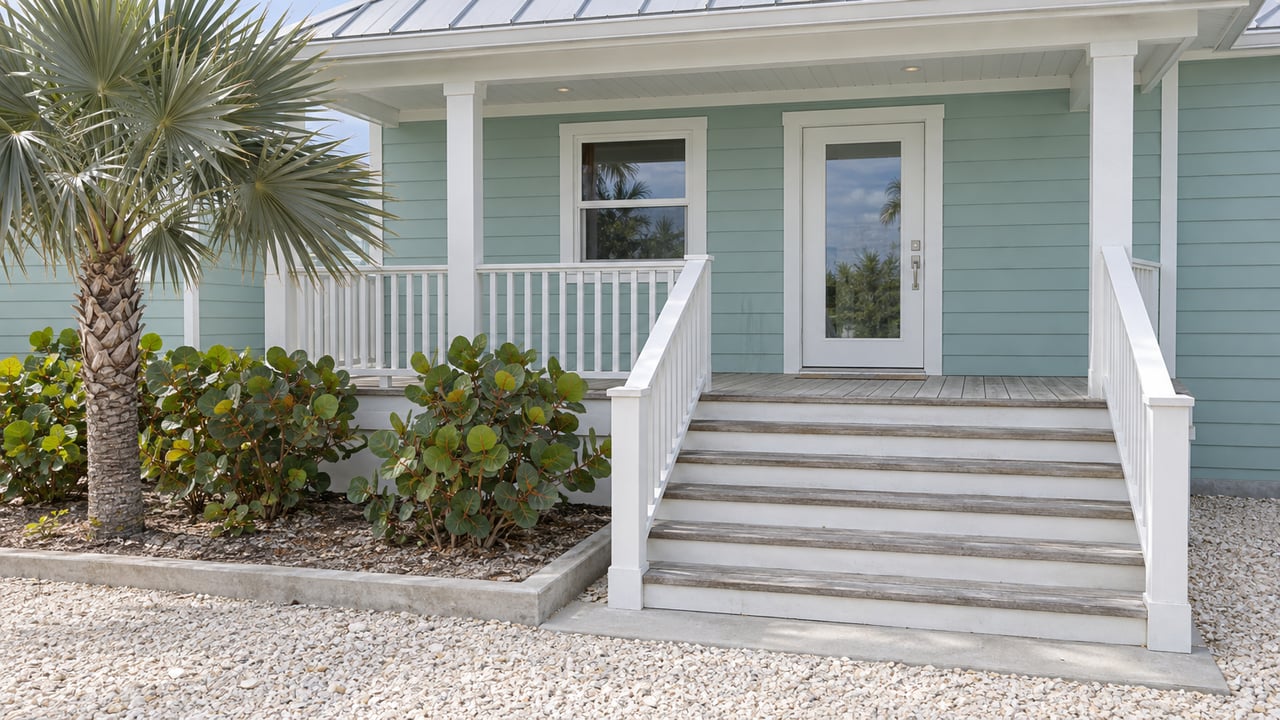 Seafoam-painted raised home with a covered timber entrance, white stair rails and silver thatch palm beside a shell court.
