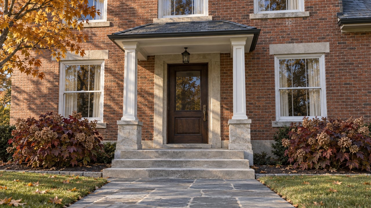 Warm autumn light across a brick home's limestone entry steps, oak front door and white sash windows, framed by amber maple leaves and burgundy oakleaf hydrangeas.