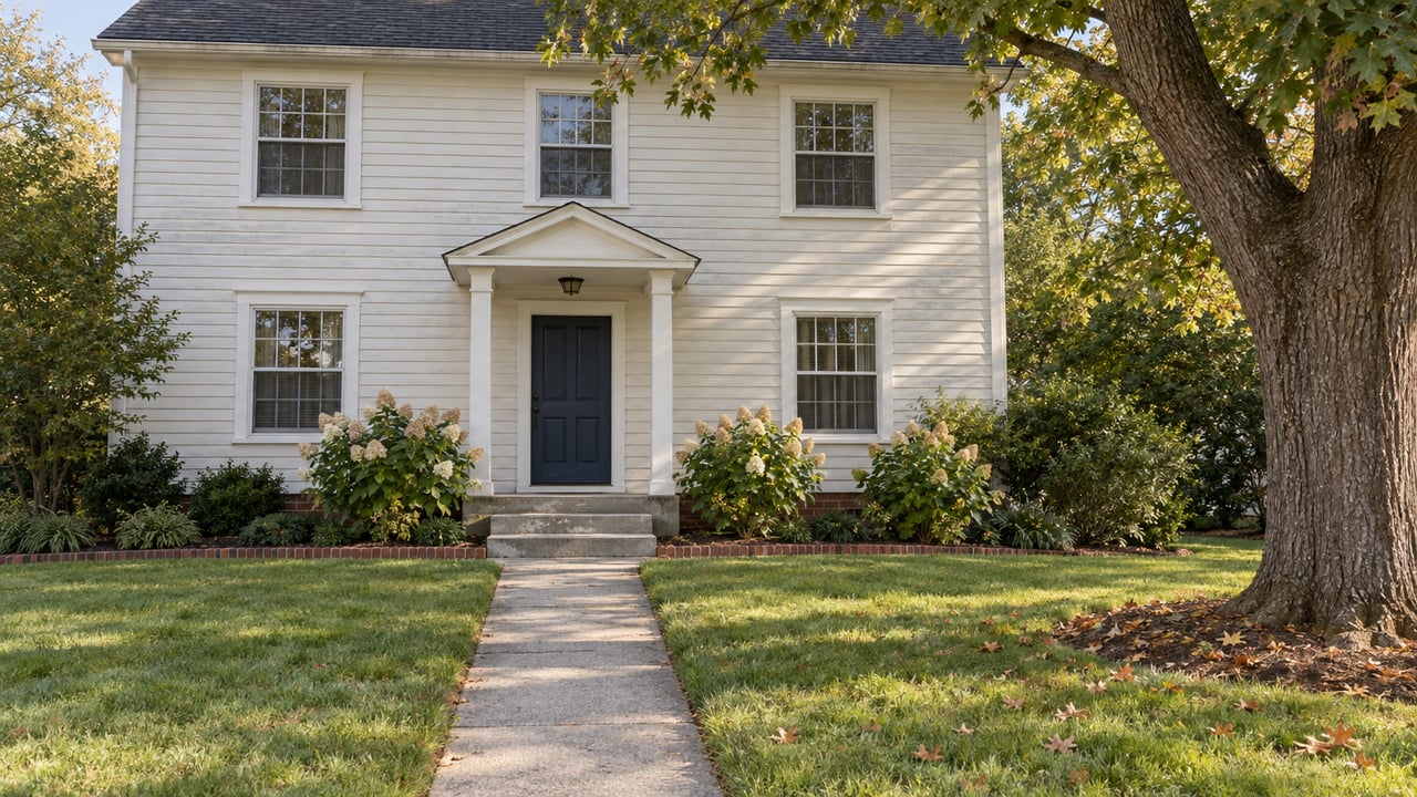 Off-white two-story clapboard house with a dark-blue door, front lawn, concrete walk, and mature oak tree.