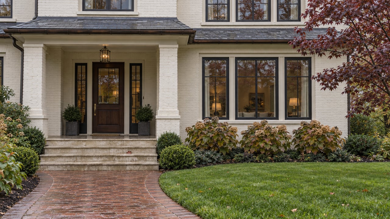 Cream-painted brick house with black-framed windows, limestone porch steps, a curved brick walk, and burgundy dogwood foliage.