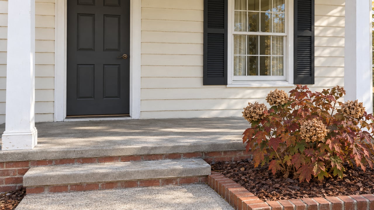 Ivory clapboard home entry with a charcoal door, shuttered window, concrete porch and autumn oakleaf hydrangea.