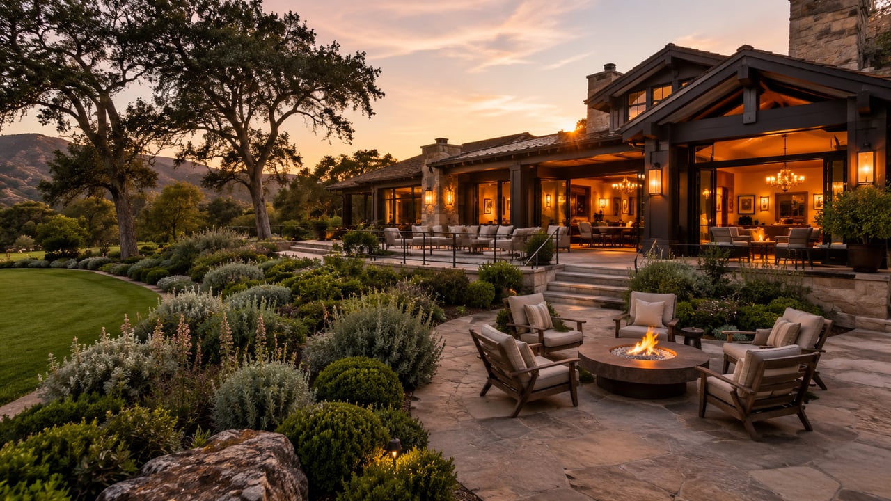 Private San Luis Obispo County luxury residence with refined outdoor living, mature landscaping, and warm evening light.