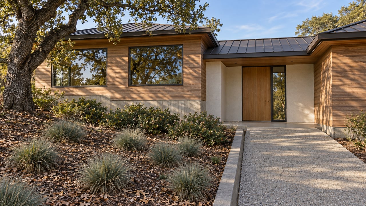 Modern cedar and stucco home with bronze-framed glazing, a concrete entry approach, and a mature oak on a gently sloping planted parcel.