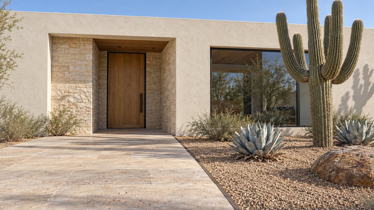 Sunlit plaster and limestone home entry beside a branching saguaro and two blue agaves in a gravel planting bed.