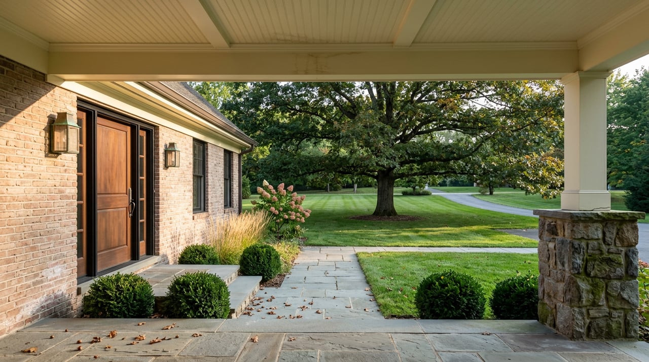 Brick-and-stone home entrance framed by fieldstone piers, opening onto a lawn beneath a mature oak.