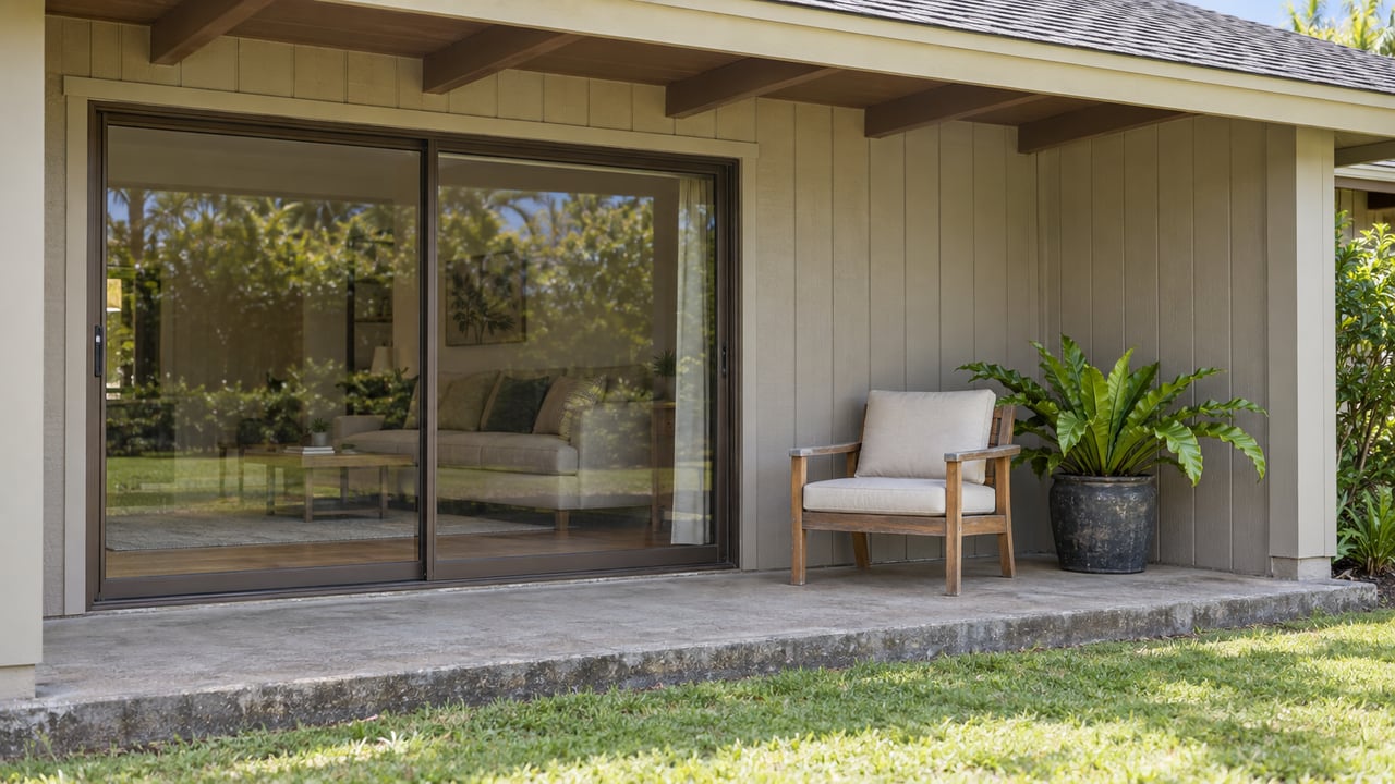 Covered townhome lanai with gray wood siding, bronze-framed sliding glass doors, a teak chair, and a potted bird's-nest fern beside a lawn.