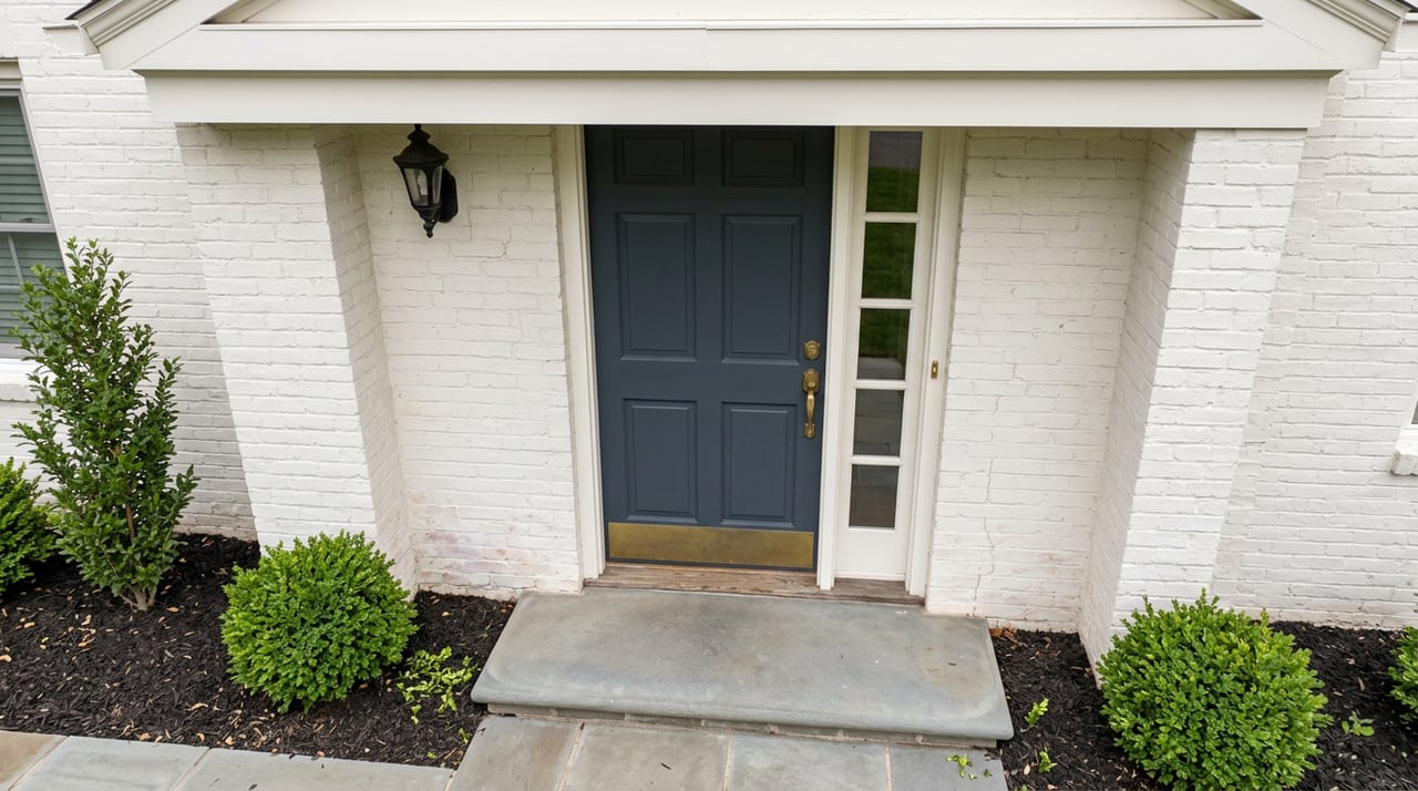 Charcoal-blue paneled front door with brass hardware, flanked by white brick piers, boxwood, and bluestone steps.