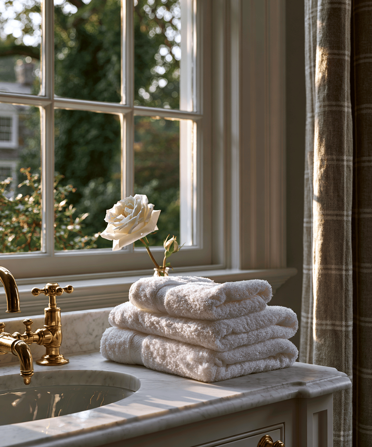 Bathroom vanity with folded white towels and a white rose beside a sunlit window.