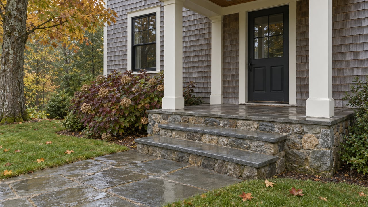 House entrance with stone steps, a covered porch, and autumn foliage.