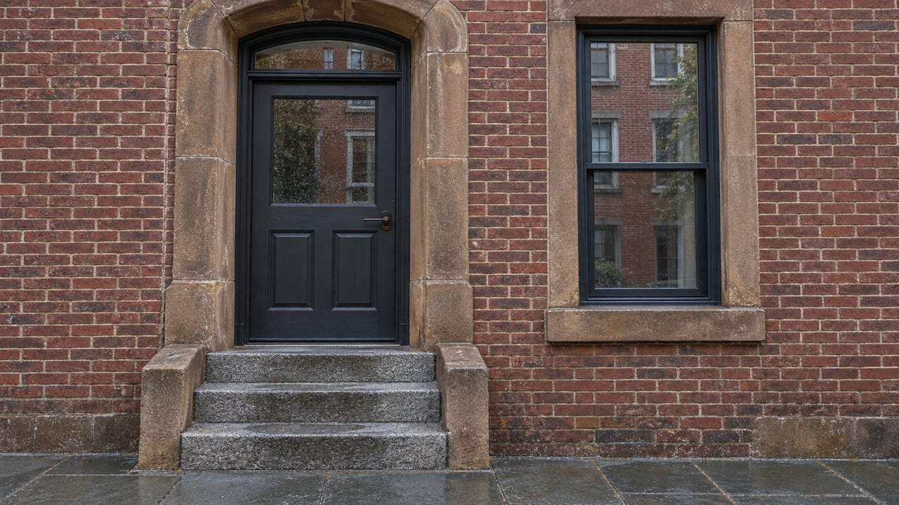 Charcoal entry door framed by weathered sandstone and red brick above rain-darkened granite steps.