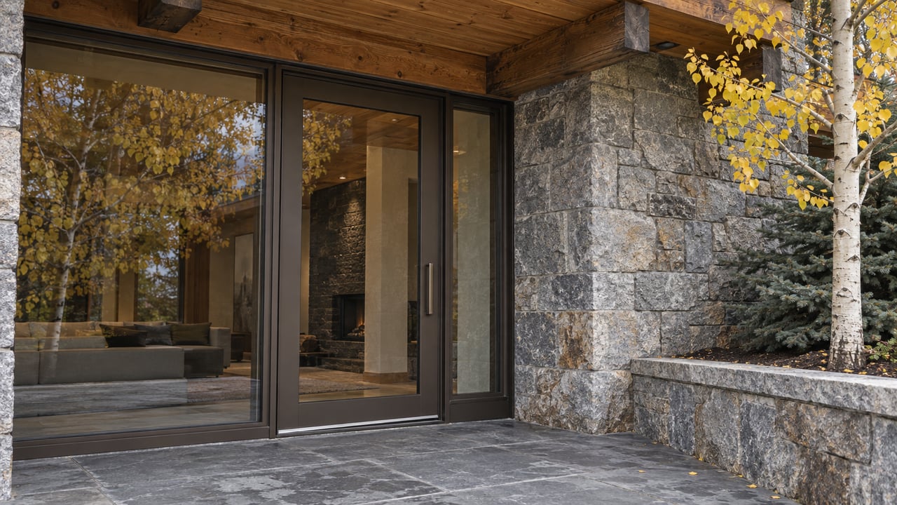Timber canopy above a closed glass terrace entrance, with weathered granite, slate paving, and yellow aspen leaves.