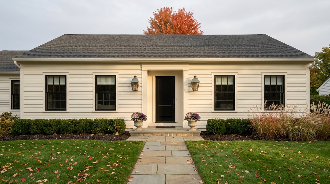Cream clapboard home with a black entry door, flanked by scarlet maple foliage and a leaf-scattered lawn.