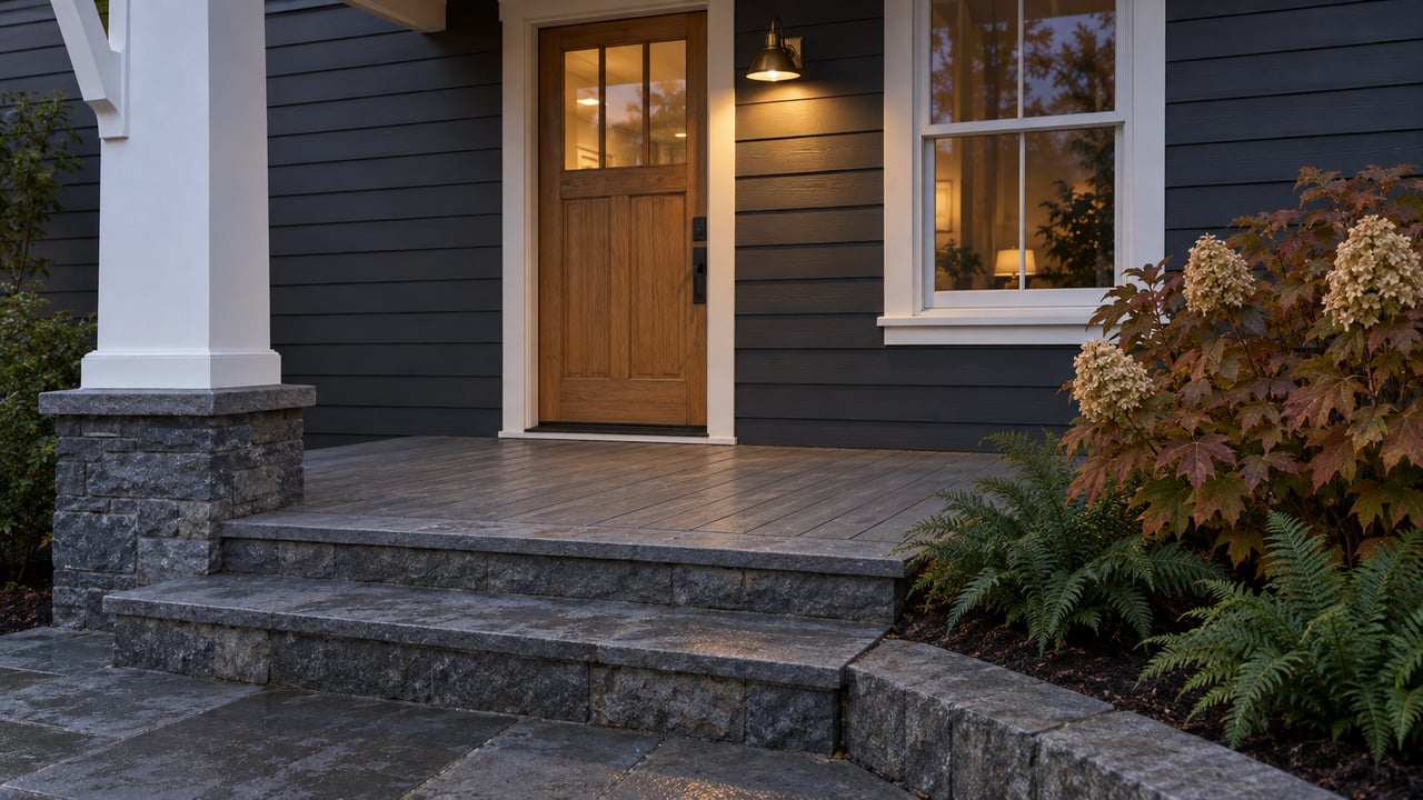 Charcoal-sided home entry with an oak door, white porch column, stone steps and autumn oakleaf hydrangea beside sword ferns.