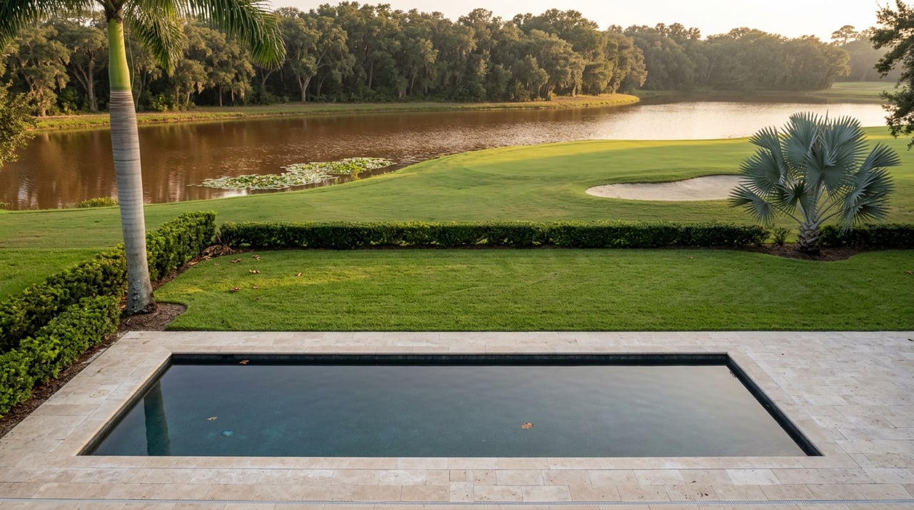 Pool and manicured lawn overlooking a golf fairway, lake, and live oak canopy.