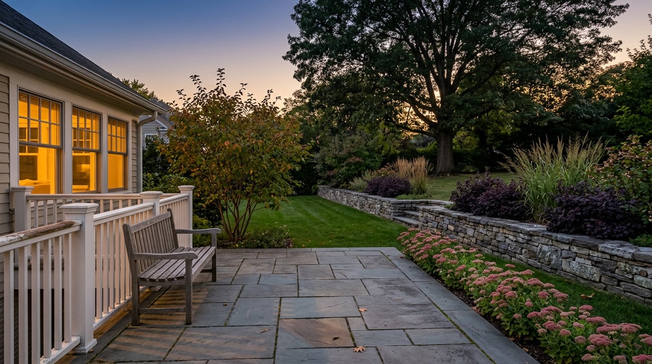 Dusk garden with a bluestone patio, fieldstone retaining wall, clipped lawn, and warm light from rear windows.