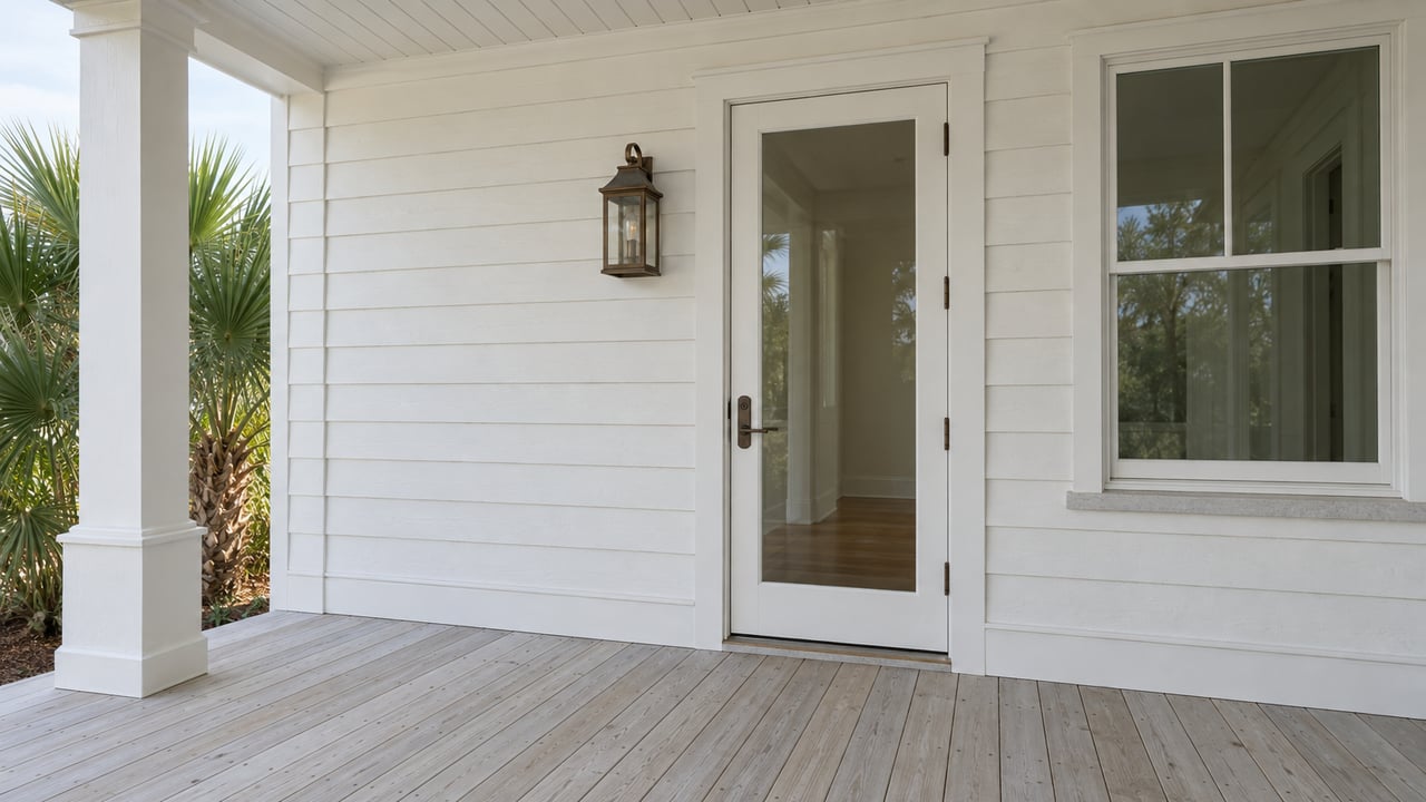 White clapboard house entry on a weathered pale wood porch, with a closed glass-paneled door, bronze lantern, and blue-green saw palmetto beside the porch.