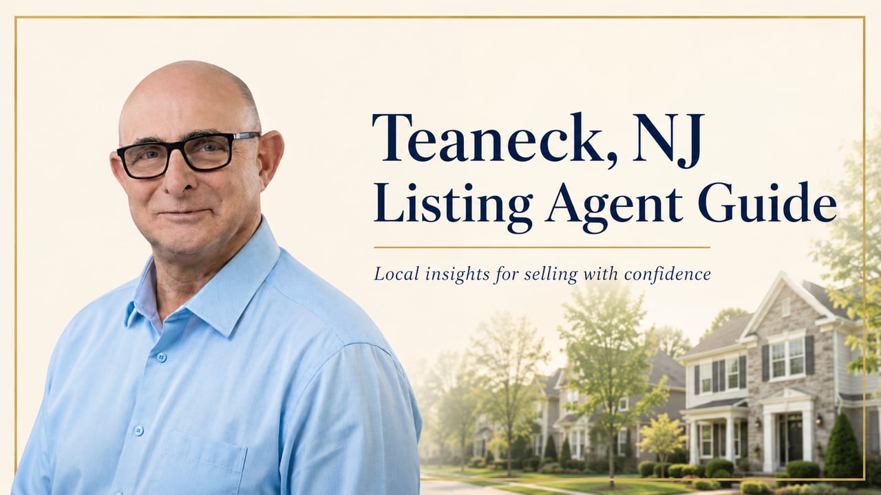 Teaneck listing agent guide banner with a man in glasses and suburban homes.