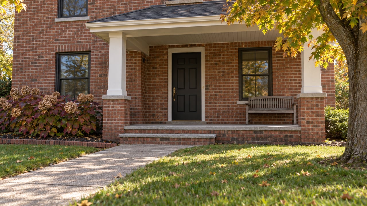 Red-brick home with a covered porch, black front door, lawn, and amber autumn maple foliage in morning sunlight.