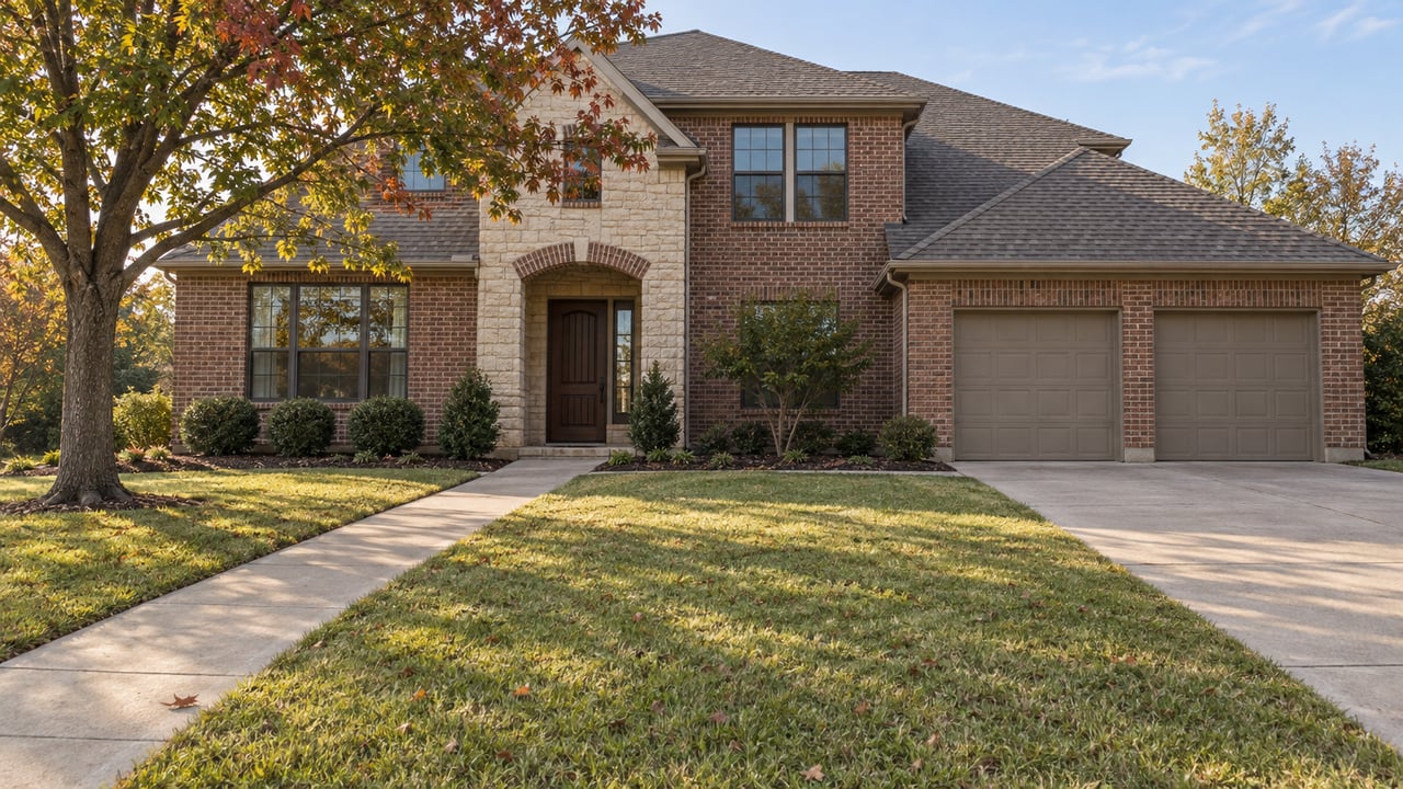 Brick-and-limestone home behind a deep autumn lawn, with a shaded entry, paired garage doors and a mature oak.