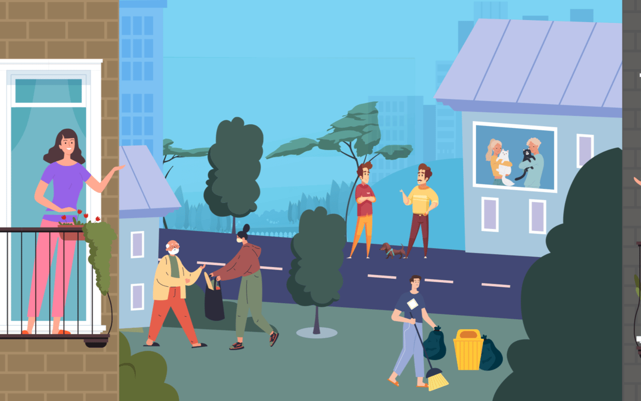 Neighbors greeting one another, sharing a handshake, walking a dog, and cleaning up their residential street.
