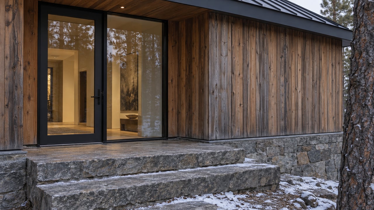 Glazed entry door and fixed panel in weathered cedar above a rough-cut stone landing with snowy steps.