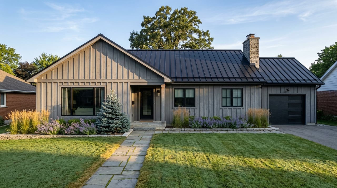 Gray board-and-batten home with a black metal roof, stone chimney, and broad dew-covered lawn beneath a mature oak.