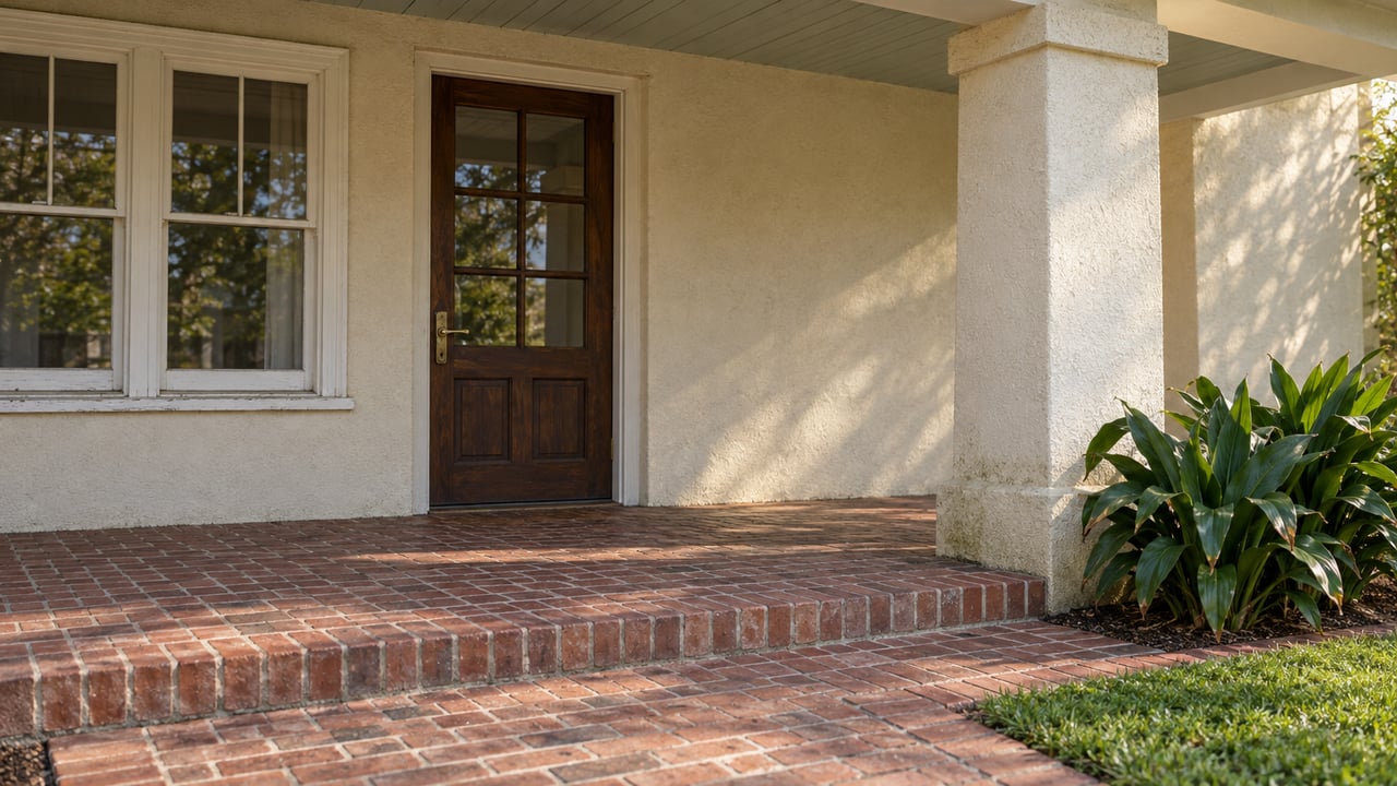 Ivory stucco porch with a glazed timber door, paired sash windows and weathered red-brick steps beside a small planted bed.