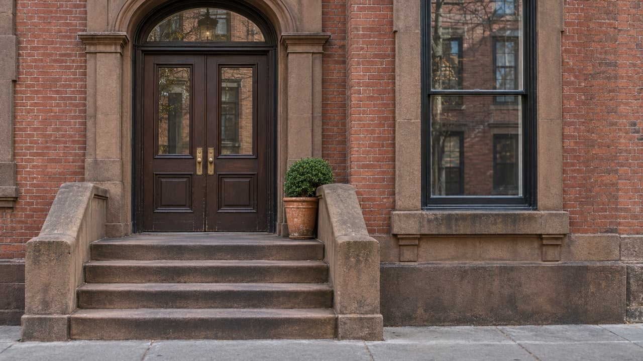 Weathered brick residential entrance with paired dark doors, a carved brownstone arch, broad stone steps and a tall sash window.
