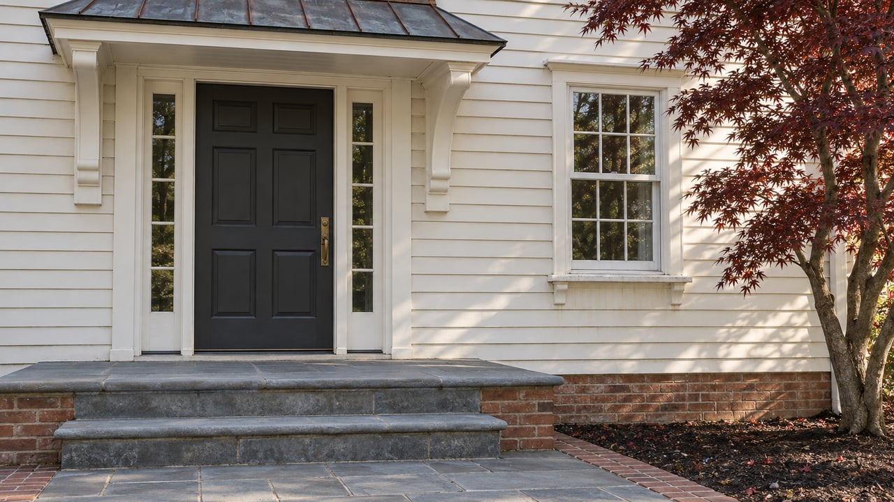 Autumn sunlight across an ivory clapboard entry with a charcoal door, brick foundation, bluestone steps and burgundy Japanese maple leaves.