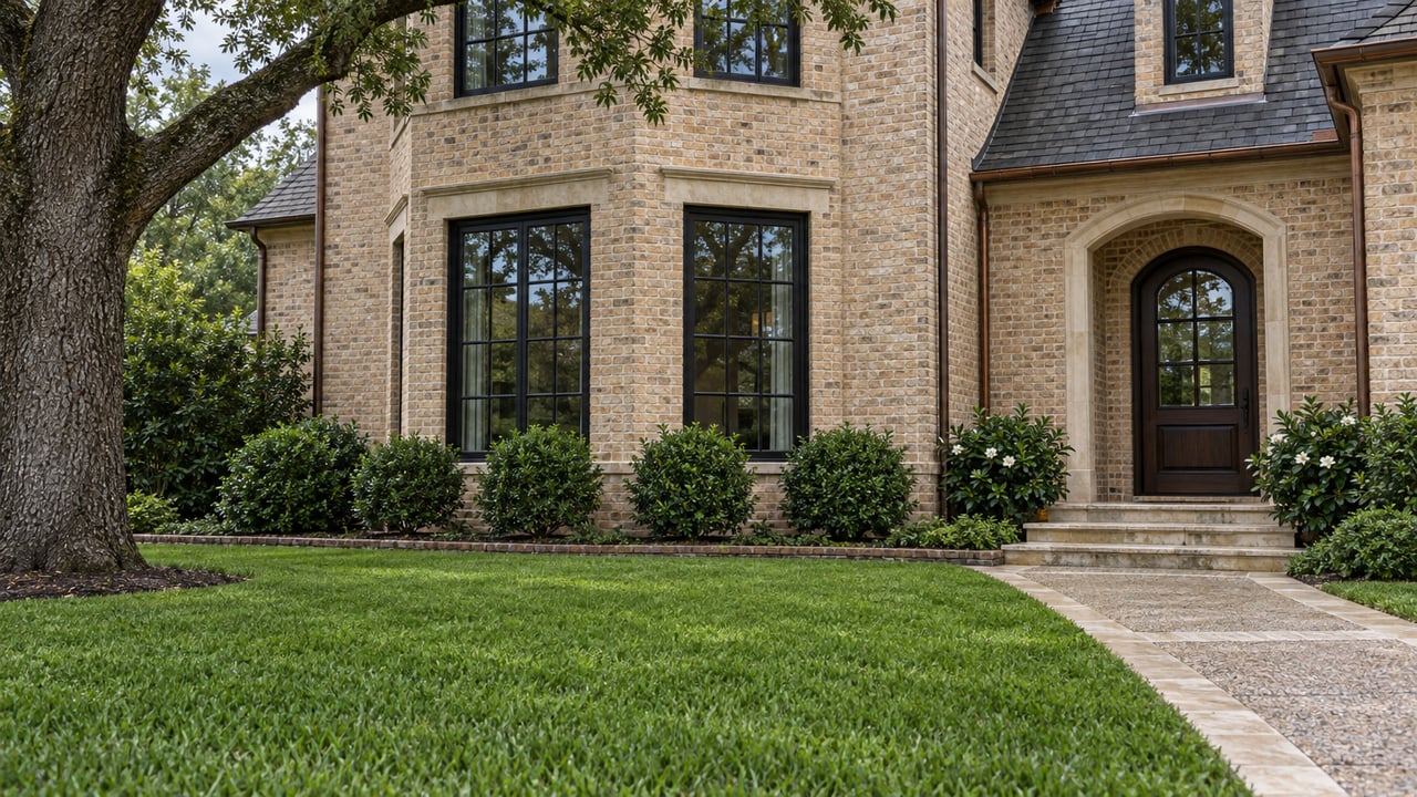 Buff-brick home with black-framed windows, a recessed oak entrance, limestone steps, and a deep green lawn beneath a mature live oak.