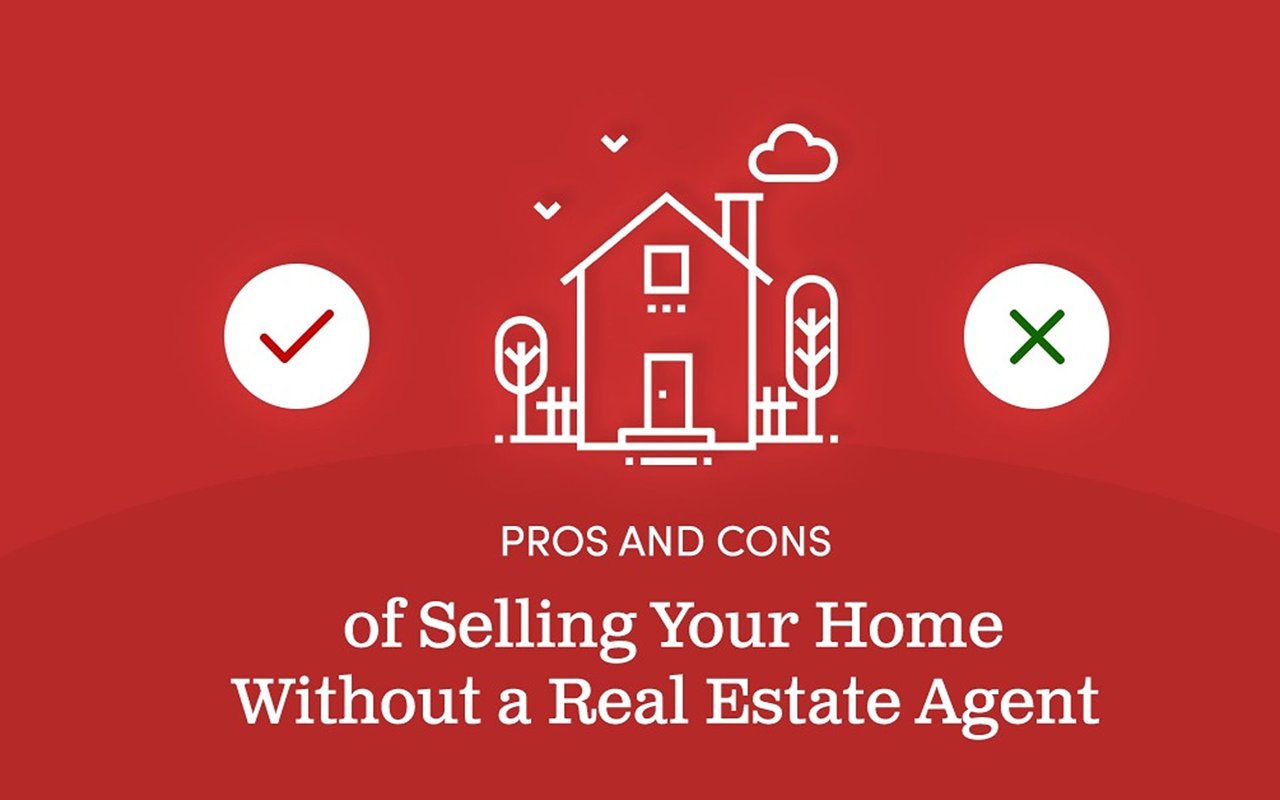Pros and cons of selling your home without a real estate agent, illustrated with a house, check mark, and X.