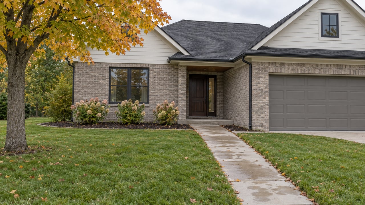 Detached brick-and-siding house with a two-car garage, concrete walkway, and yellow-orange tree in the lawn.