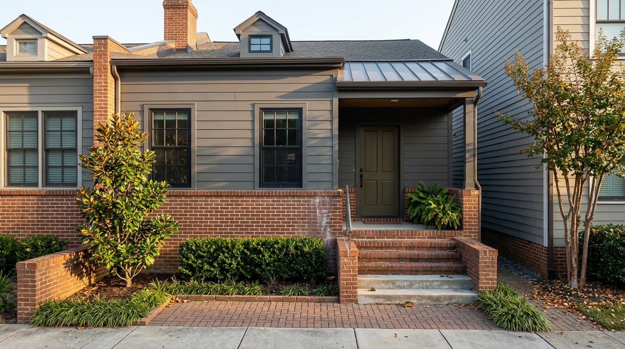 Attached rowhouse with gray siding, brick steps, black-framed windows, and glossy magnolia foliage.