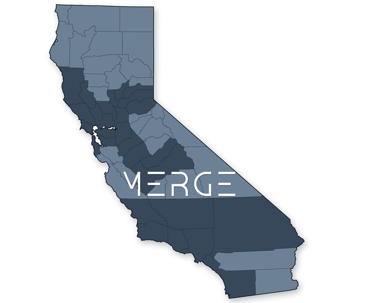 Map of California with MERGE branding