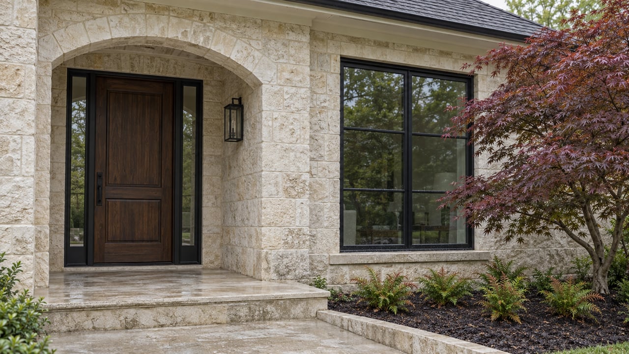 Limestone residential entry with an arched walnut door, black-framed window and Japanese maple beside a weathered stone landing.
