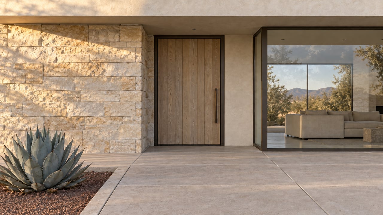 Oak entry and limestone facade beside a glazed, fully enclosed living room, with a concrete terrace and blue-gray agave.