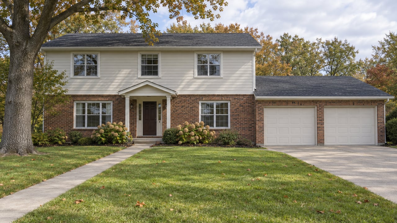 Two-story brick and cream-clapboard house across a broad autumn lawn, with a mature white oak and an attached two-car garage.