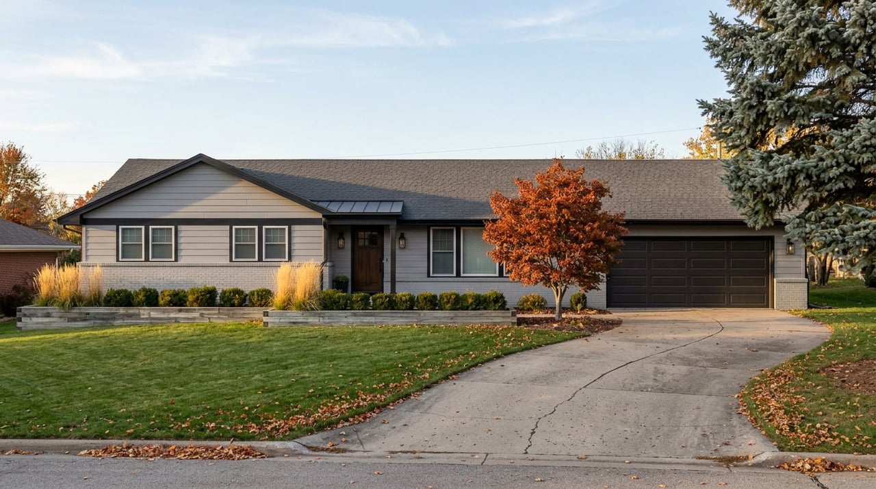 Updated ranch home with a curved driveway, orange-red maple, and evergreen canopy in autumn.