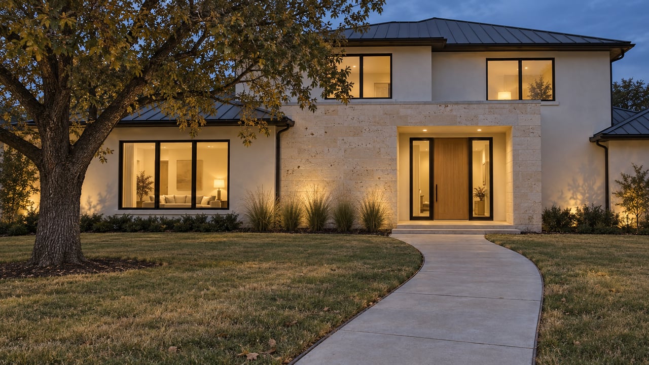Contemporary ivory-render and limestone home at blue hour, with warm windows, a recessed entry and a deep autumn lawn beneath a mature oak.