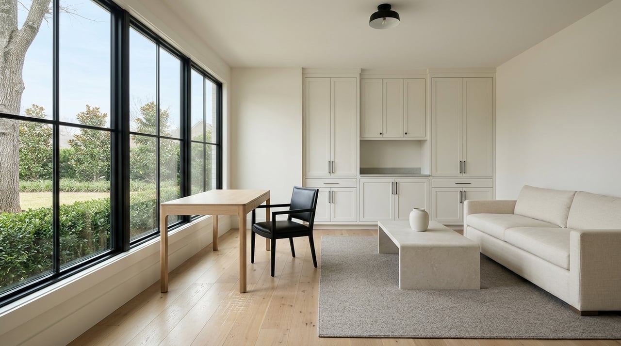 Flexible interior room with a view through glass of planting, a narrow lawn, and sky.
