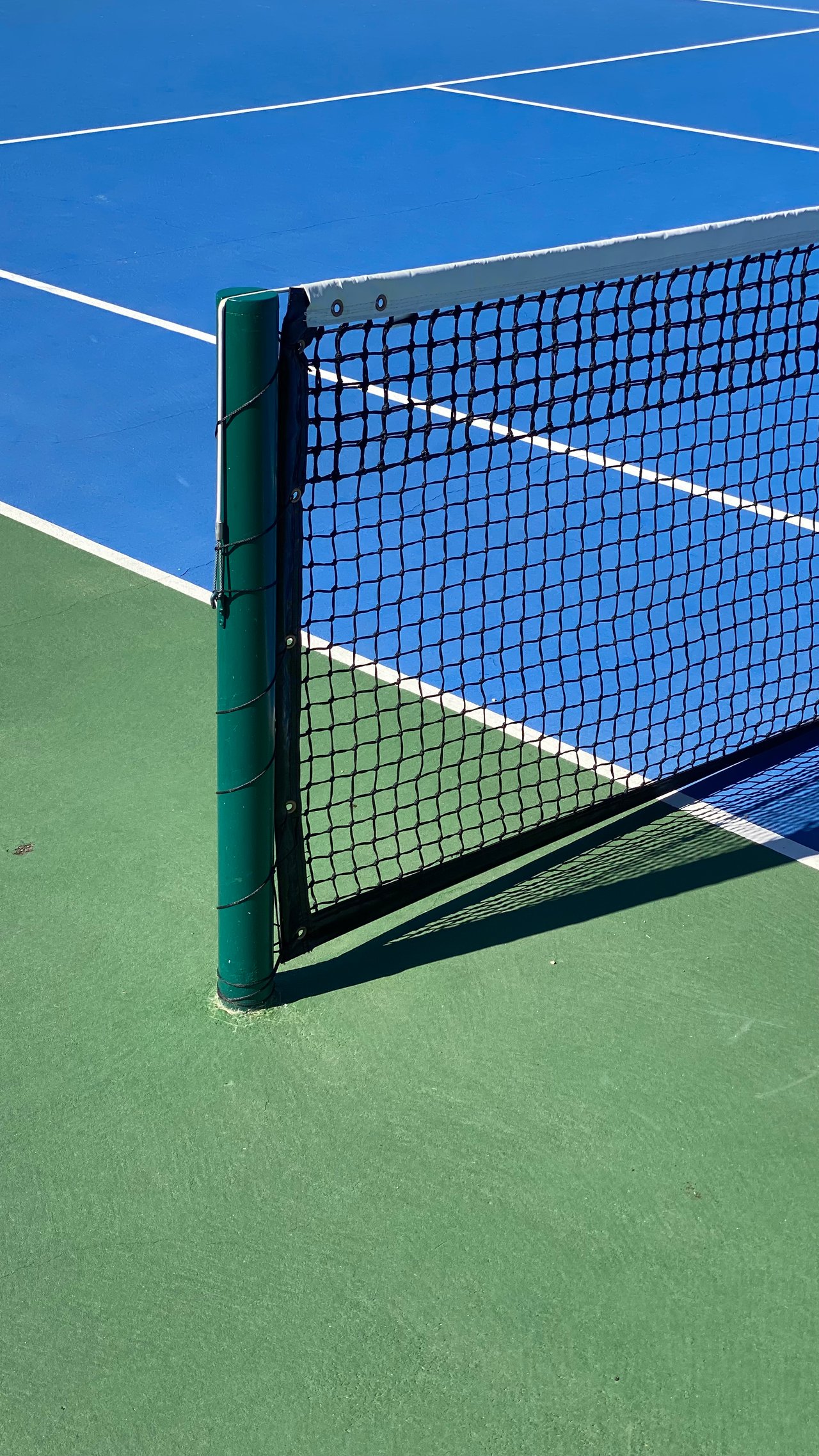 Pickleball net and post on a sunlit blue-and-green court.